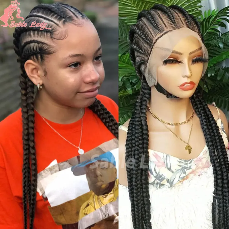 

36" Synthetic Lace Front Wigs Jumbo Braided Wigs Full Lace Front Dutch Twins Cornrows Braids Wig For Black Women Crochet Hair