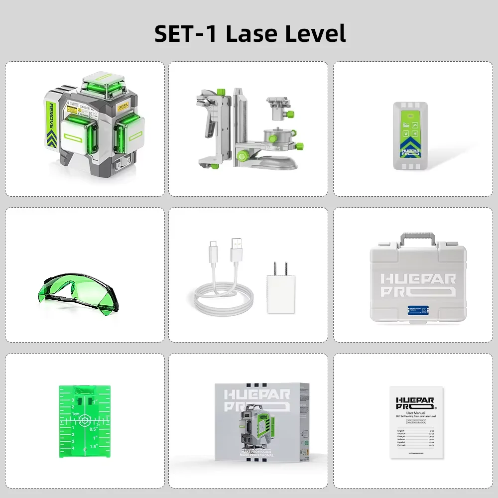 Huepar Professionele 3D 12-lijns laserwaterpas ±2mm Hoge Nauwkeurigheid 3 x 360° ° Groene kruislijnlaser met 8000mAh Li-ion batterij