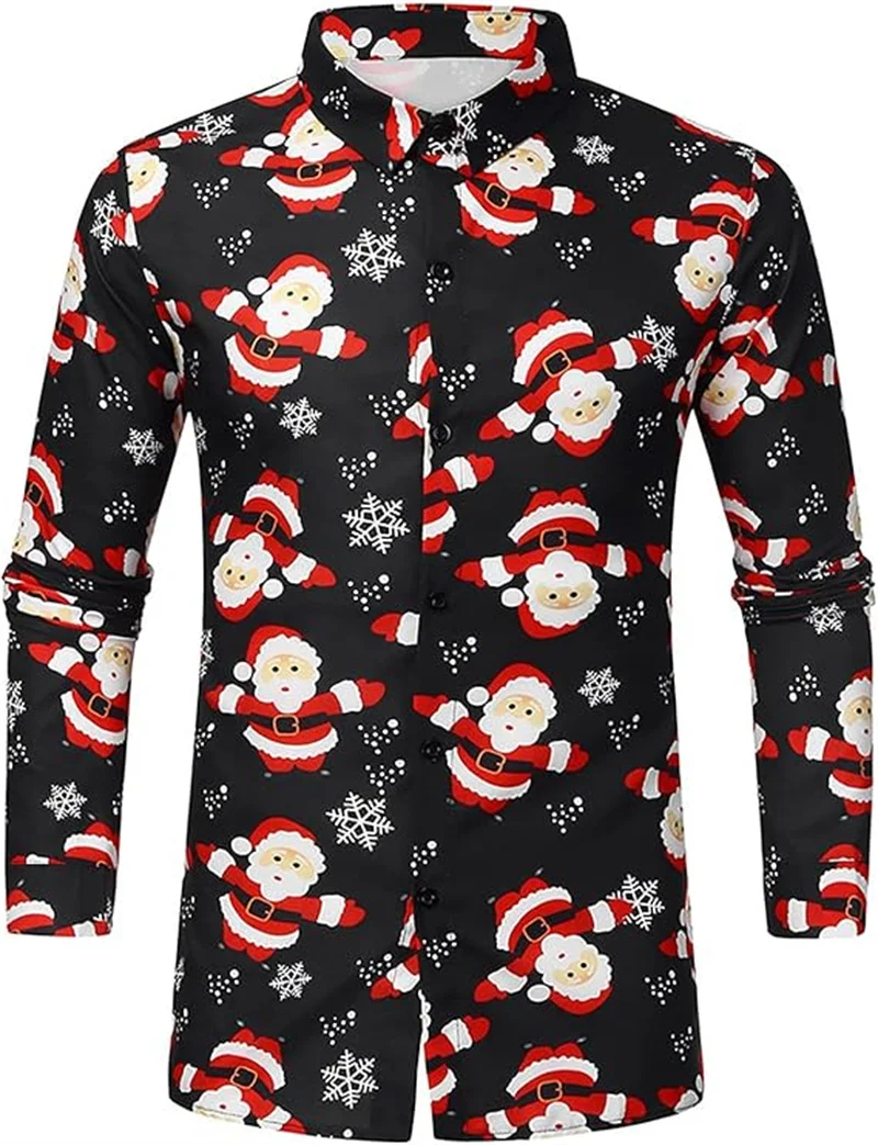 Christmas style men's fashionable long sleeved shirt 3D printed Christmas themed pattern long sleeved lapel shirt top