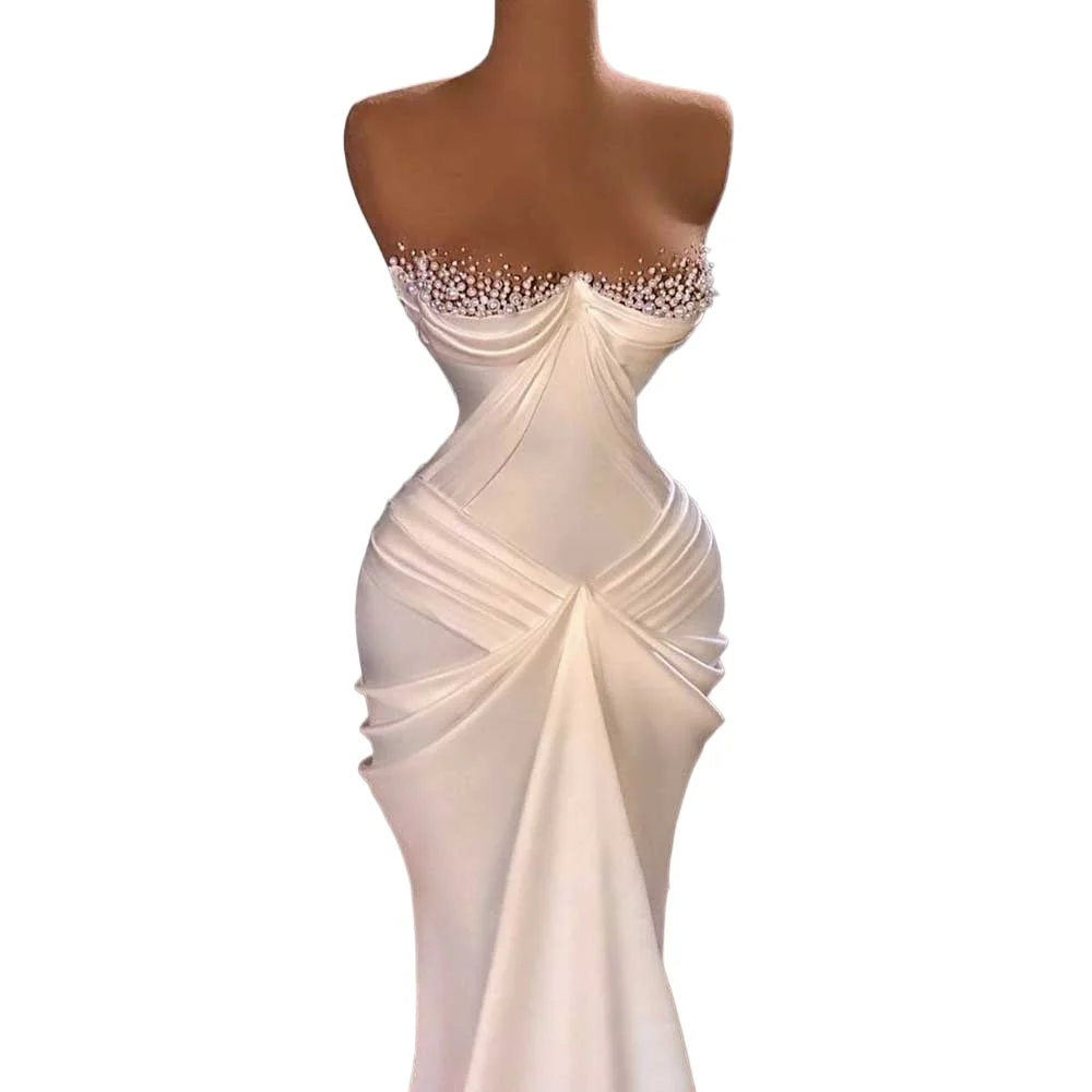 Luxury Pearls Satin Prom Dresses White Fashion Strapless Women Evening Gowns Sleeveless Pleat Formal Mermaid Party Dresses