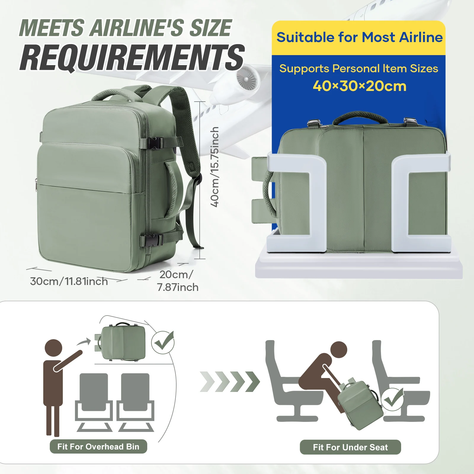 حقيبة ظهر للسفر على شكل طائرة مقصورة 40 × 20 × 30، حقيبة ظهر للعمل للرجال، حقيبة ظهر للطائرة، حقيبة ظهر تنفيذية محمولة للأمتعة #2