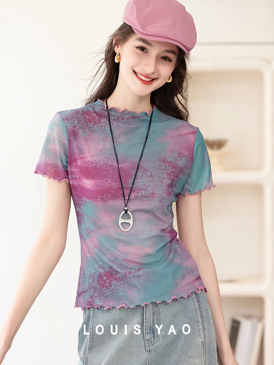 LOUIS YAO Printed Short Sleeve T-Shirts 2025 Casual Micro Elastic Stand up Collar Wave Edge Double Layer Design Women's Top
