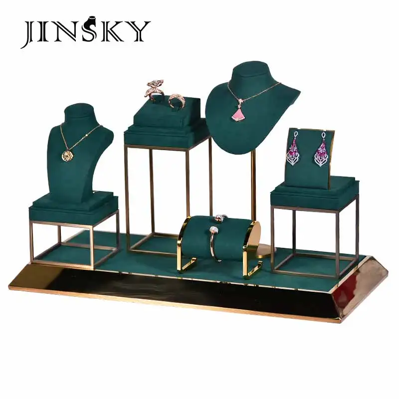 

Custom. jinsky Роскошная темно-зеленая подставка из микрофибры для ювелирных изделий, набор металлических колец, серег, подставка для демонстрации ювелирных изделий для демонстрации окон