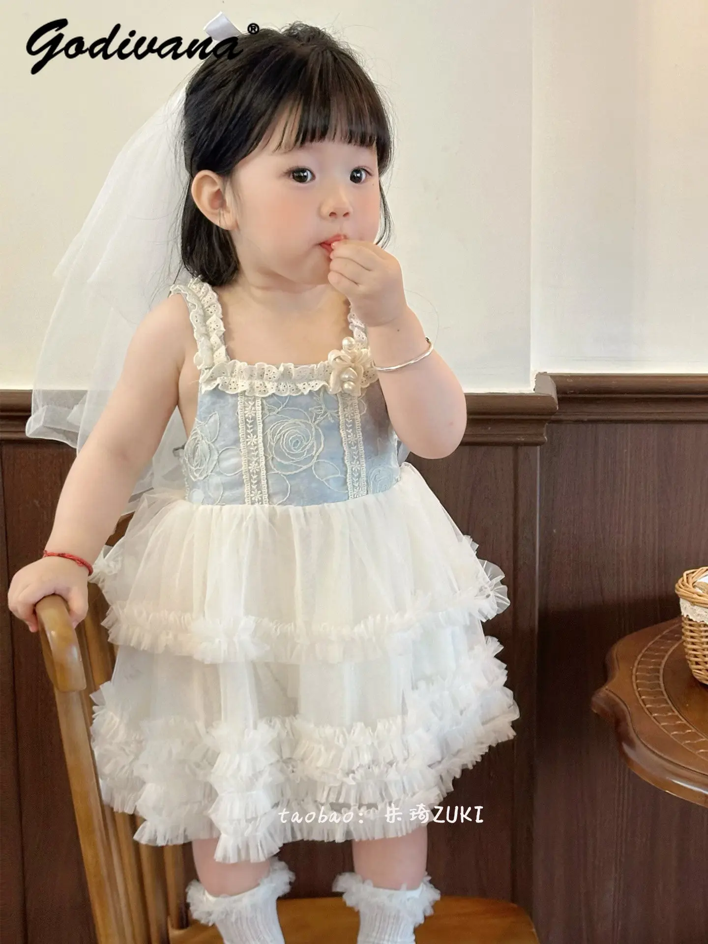 Sweet Baby Girls 2026 New Summer Princess Spaghetti Strap Tulle Tutu Dress Kids Blue Lace Ruffle Trim Birthday Party Daily Dress