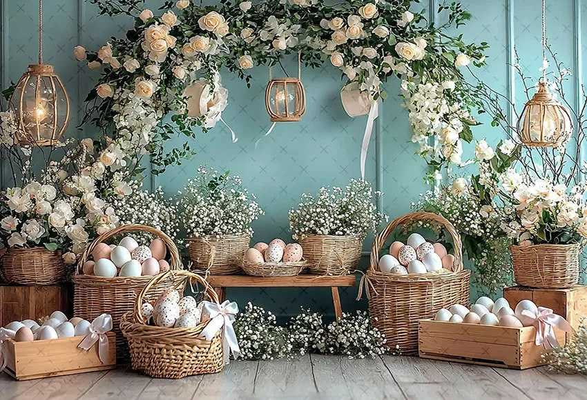 Mehofond التصوير خلفية الربيع عيد الفصح الأزرق جدار قوس الأزهار البيض طفل حفلة عيد ميلاد صورة ديكور خلفية استوديو الصور