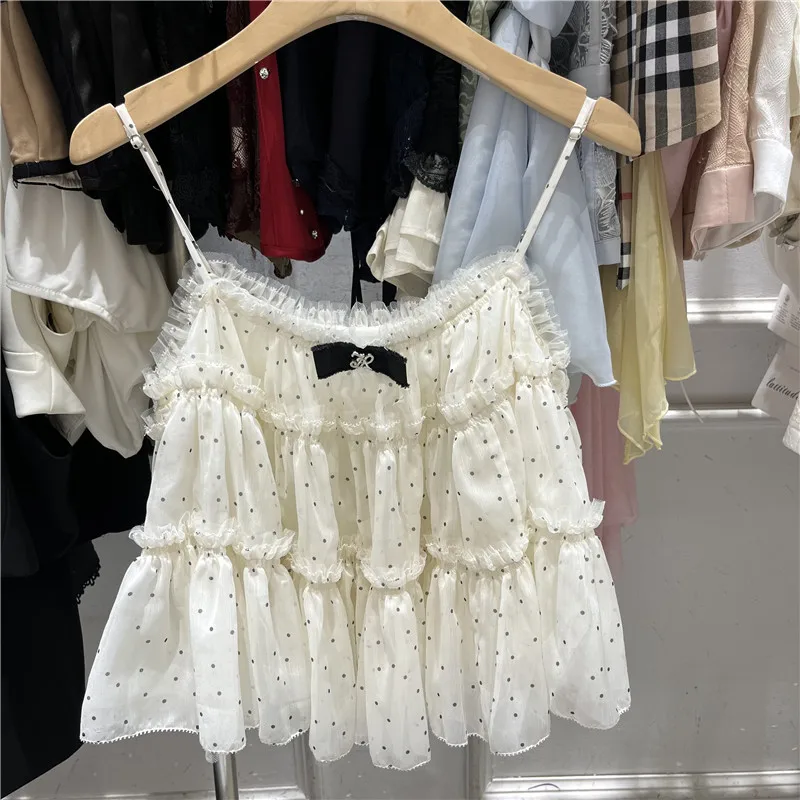 

Sweet Polka Dot Ruffle Trim Vest Women's Summer 2026 Fashionable Breathable Short Sleeve Top Knot Tight Fit Shirts