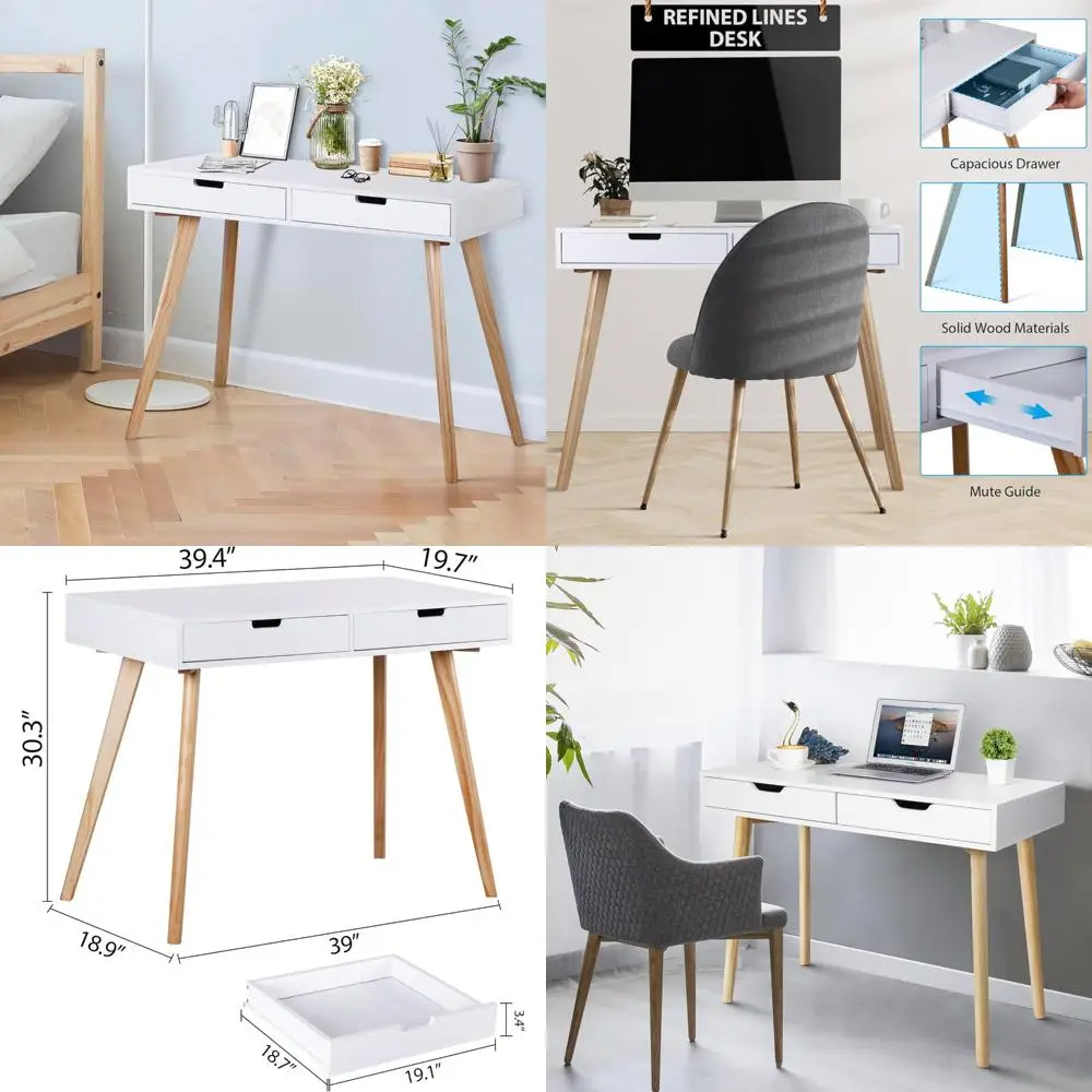 Mid-Century Modern Writing Desk for Home Office, Laptop PC Desk with Storage Drawers and Solid Wood Legs