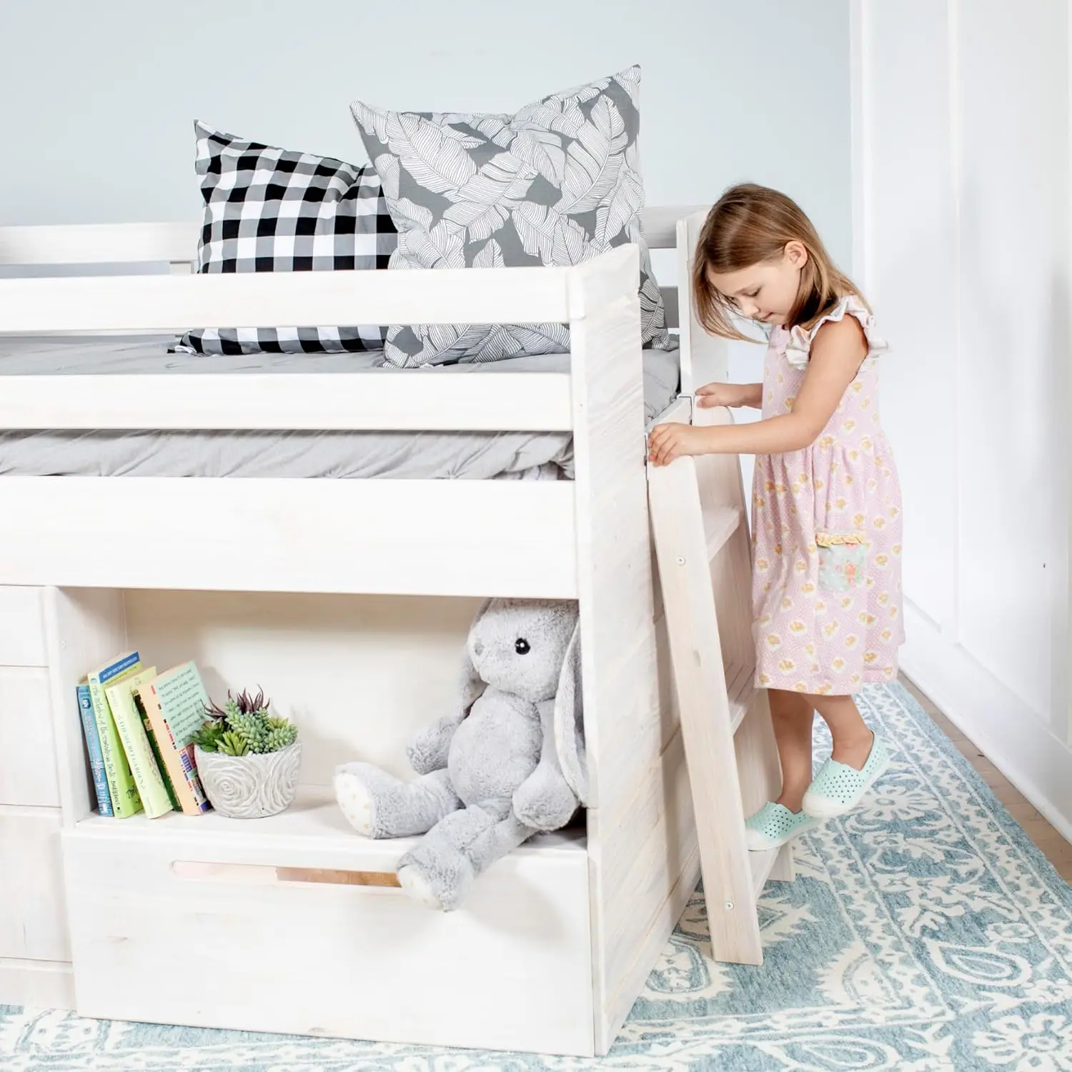 Loft Bed Twin Size, Solid Wood Low Loft Bed with Storage Drawer and Ladder, Modern Farmhouse Loft Bed for Kids, White Wash