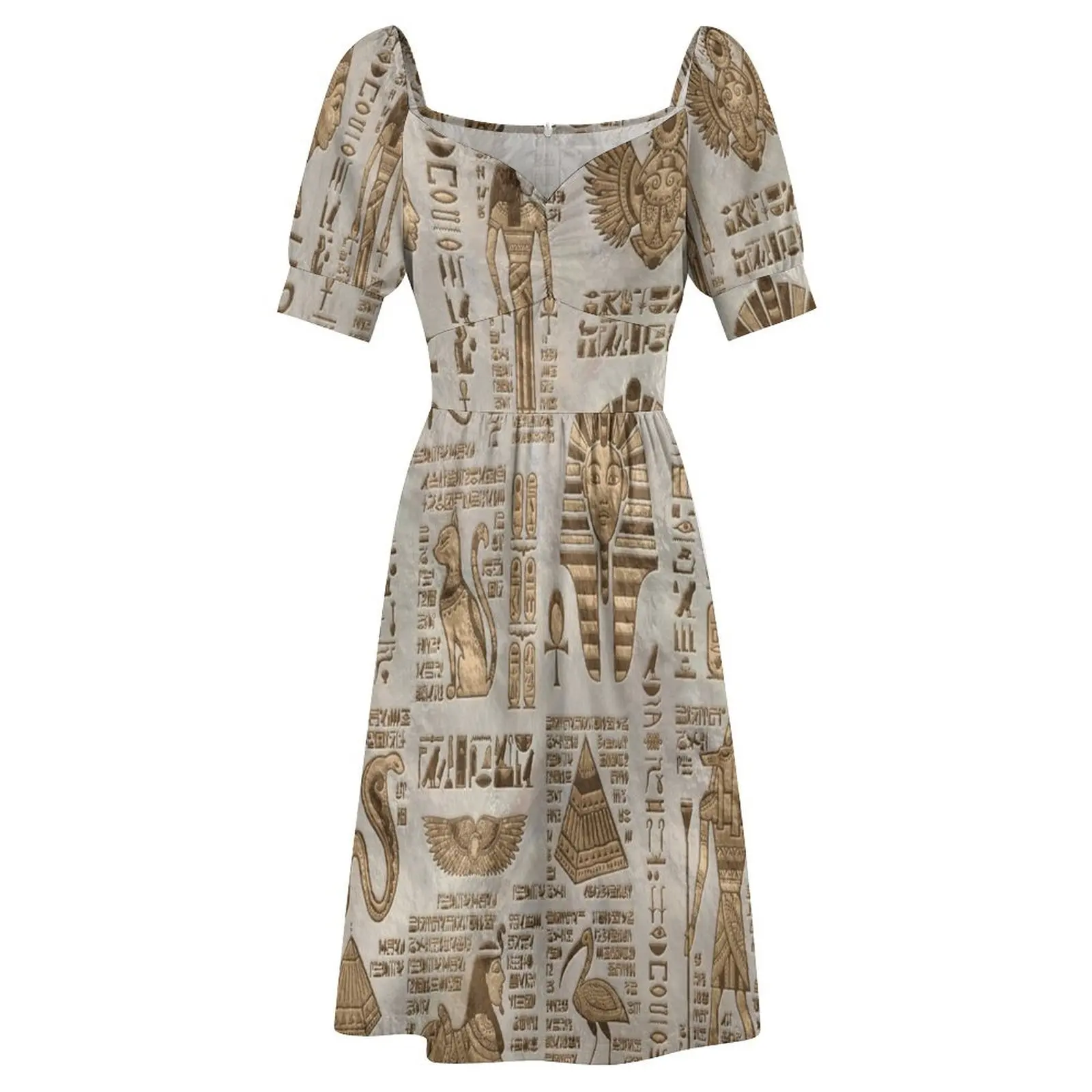 Robe de Bal à Manches Courtes pour Femme, Tenue Vintage Dorée, Déités et Hiéroglyphes Égyptiens, d'Été