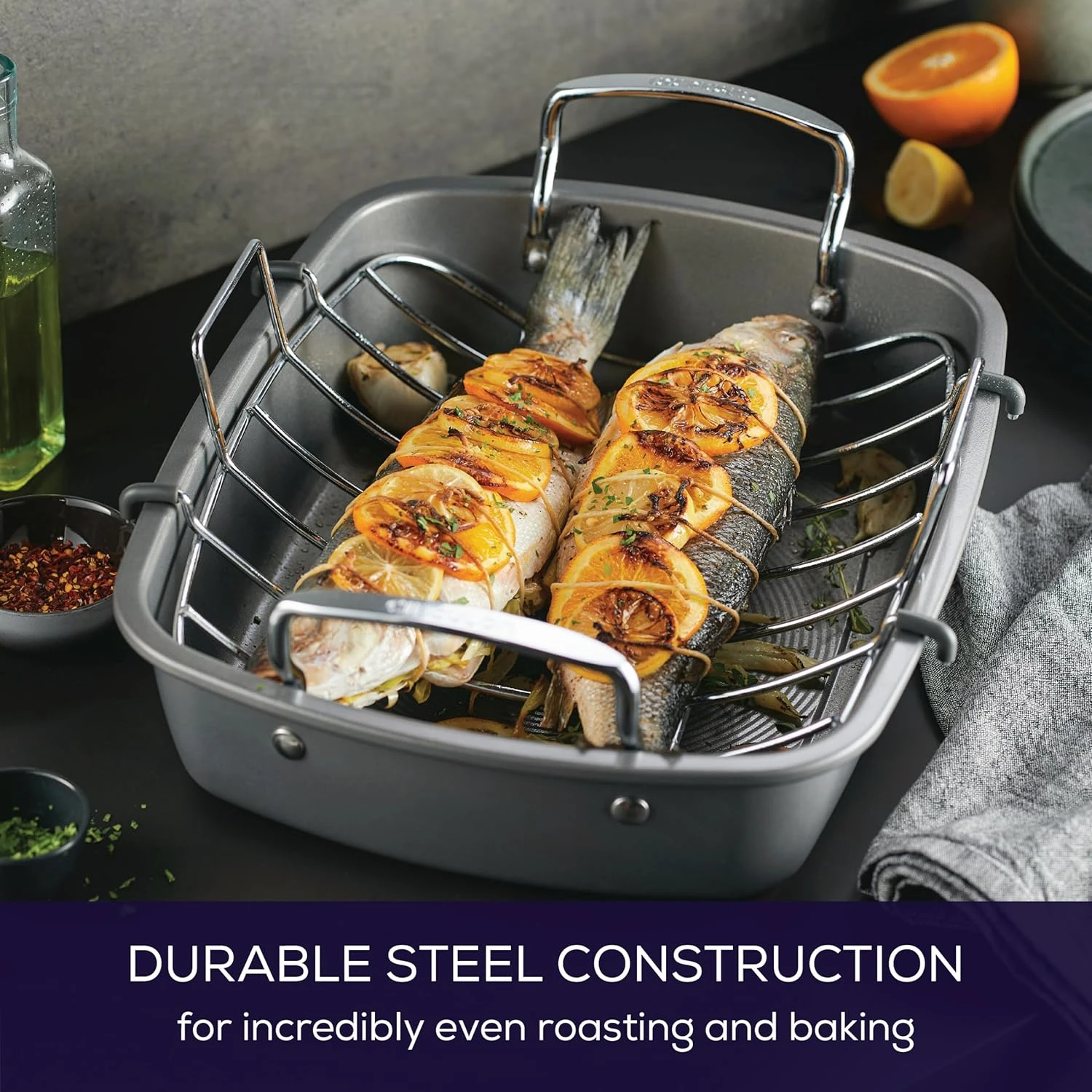 مقلاة تحميص / شواية دائرية غير لاصقة مع رف - 17 بوصة × 13 بوصة، رمادي