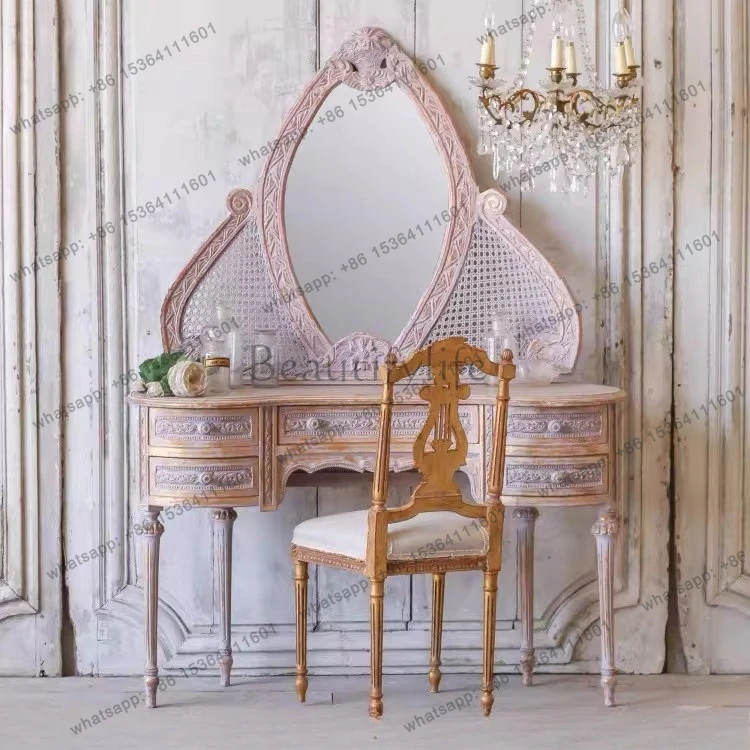 French antique gold dresser solid wood retro nostalgic rattan art log Roman column curved makeup table