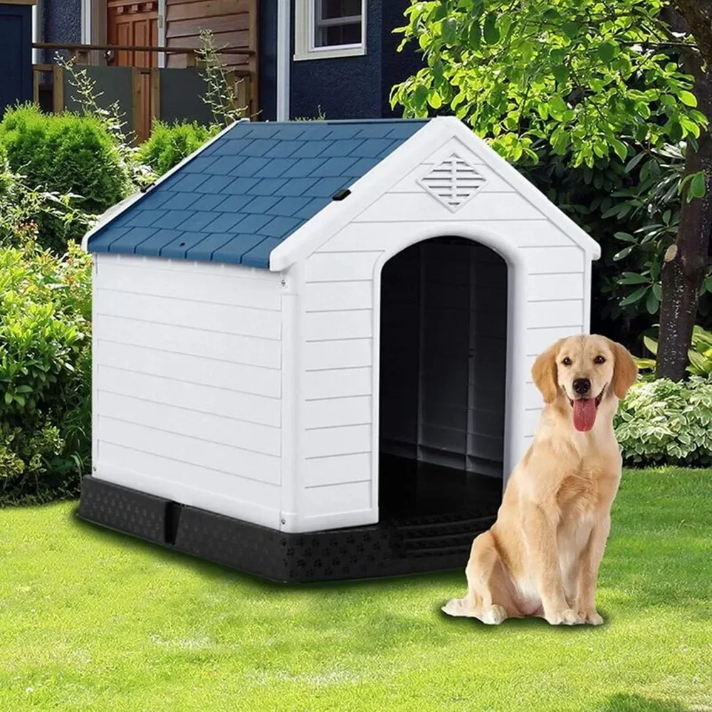 Big Dog House, Durable Waterproof Plastic Dog Kennel, Elevated Floor & Base Support, Pet Dog House Winter House