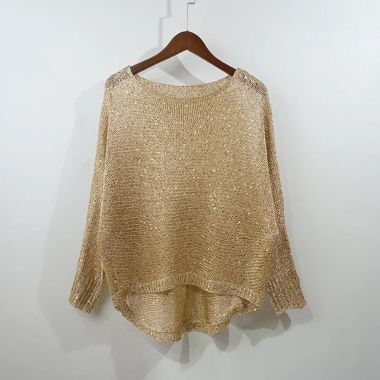 Shiny Sequin pullovers Women Long Sleeve Pullover tops women Golden Basic Shirt Sequin Knit Tops