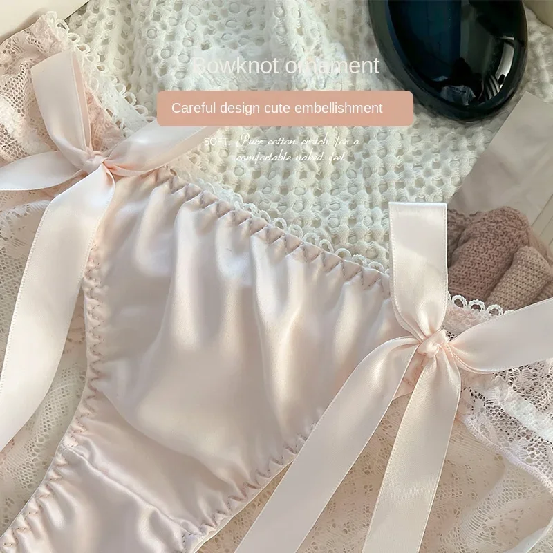 3 قطعة/المجموعة السيدات مثير شبكة سراويل منتصف الخصر سلس الدانتيل الملابس الداخلية ملخصات النمط الياباني فتاة شابة الملابس الداخلية الوردي القوس الملابس الداخلية