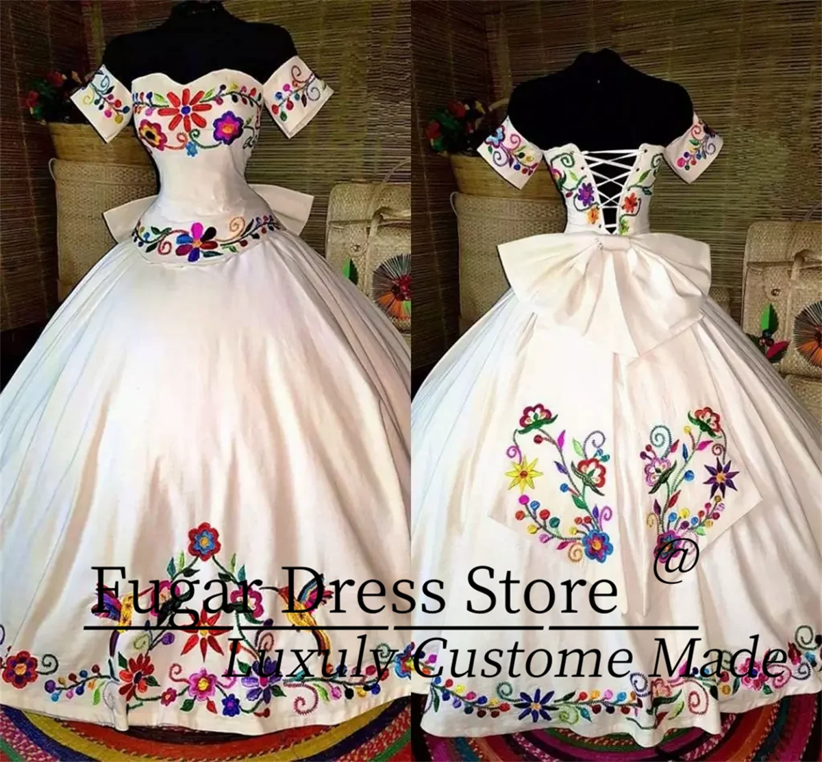 Vestido de quinceañera de princesa bordado colorido mexicano con hombros descubiertos calcomanía de flores 3D vestido de fiesta de satén vestidos para niñas