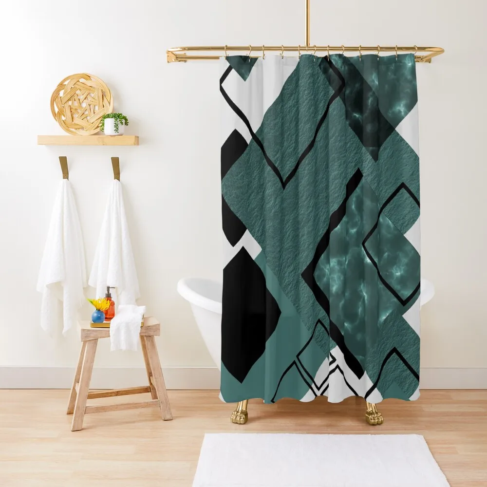 

Teal and Black Modern Geometric Print Shower Curtain Bathroom Accessories Washable Waterproof Fabric Shower Curtain