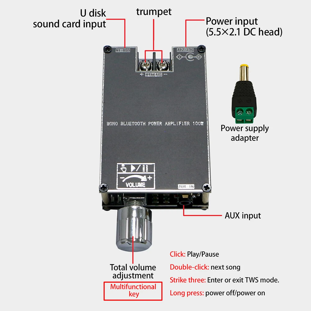 ZK-1001B Mono 100W Audio Power Amplifier Module Bluetooth-Compatible 5.1 AUX TPA3116D2 Amplifier Board DC7V-24V for Home Theater