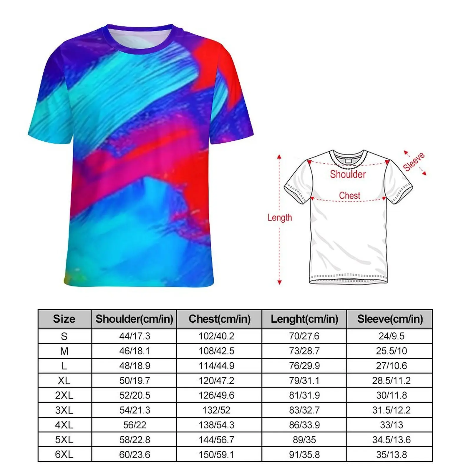Abstract Paint Brush T-Shirt For Male Red Blue Yellow O Neck T Shirts Summer Vintage Clothes Short-Sleeved Plus Size Tees Gift