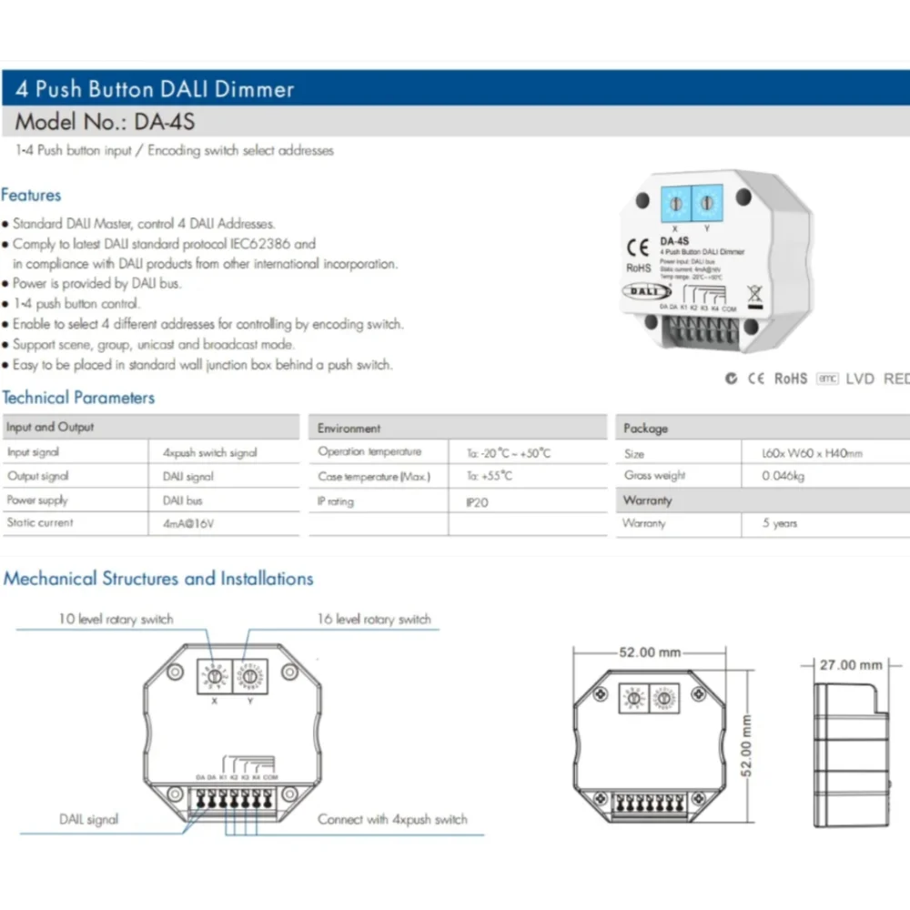 DA-4S DALI Switch Signal 4 Push Button Dimmer Work With DALI Master/ Bus Power Supply Encoding Select Addresses For LED Light