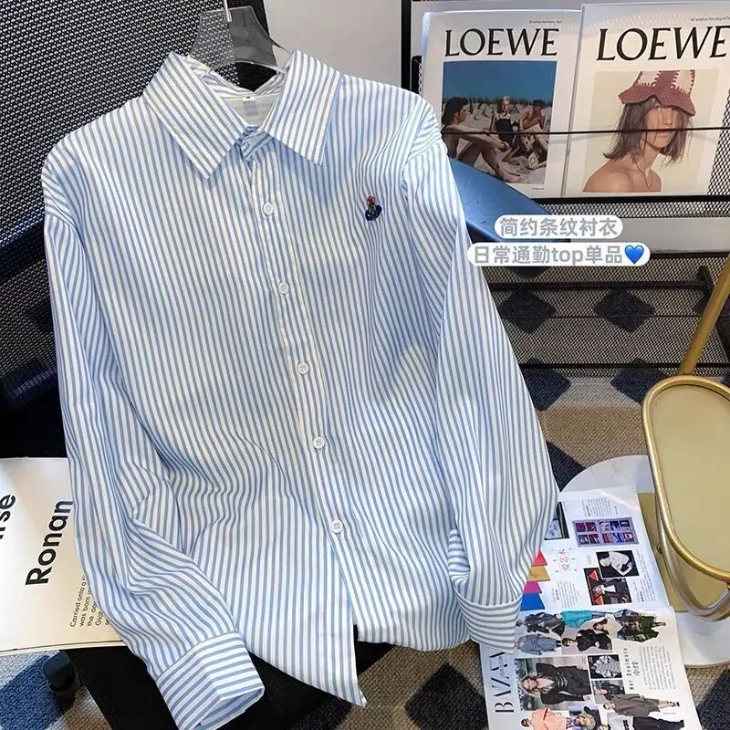 Solid Color Office Lady Striped Ladies Tops Spring Autumn Preppy Style Long Sleeve Shirts 2024 New All-match Women\'s Clothing