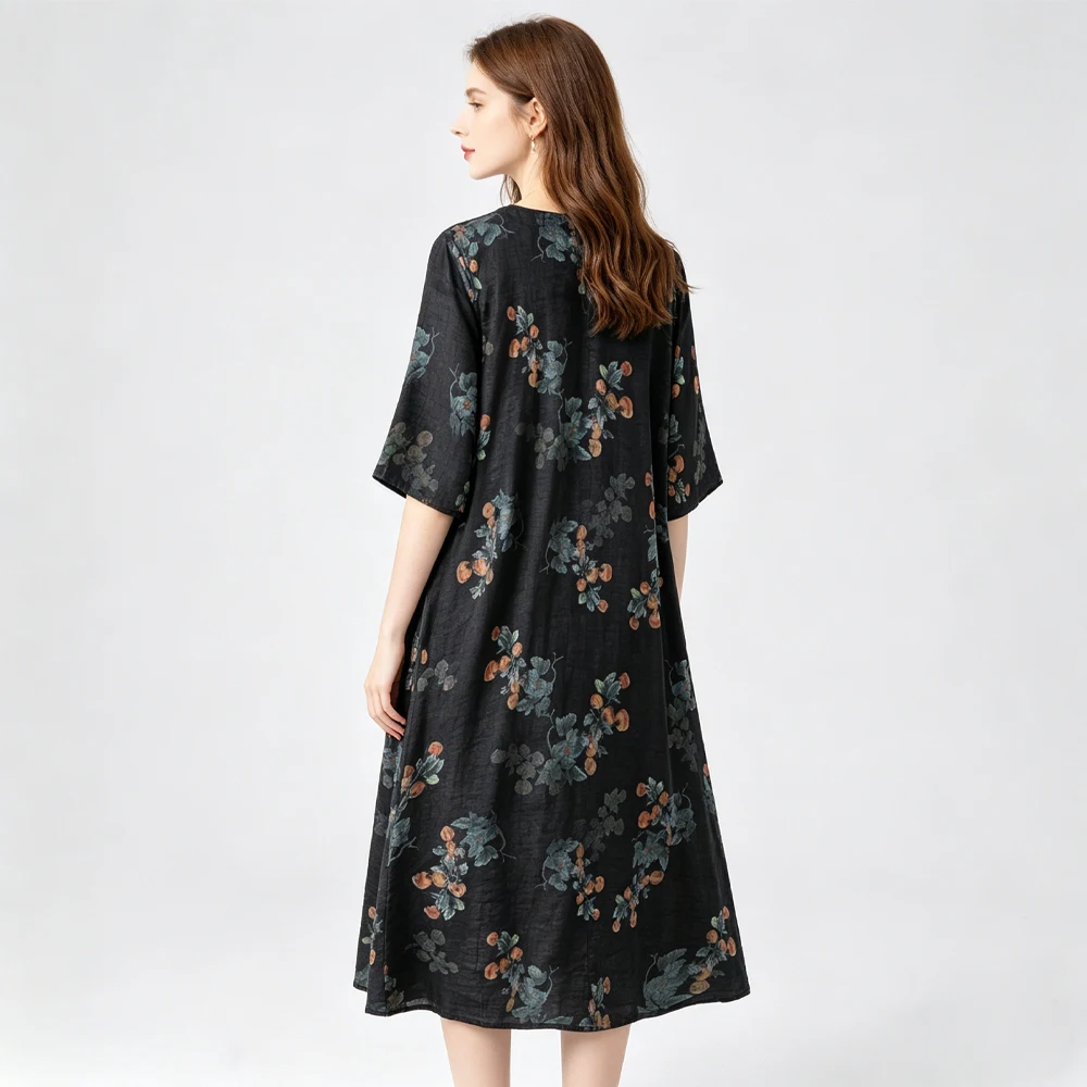 Women's Fashion Summer Clothing 100% Natural Mulberry Silk Fragrant Cloud Yarn Black Turtle Crack Round Neck Half Sleeve Dress
