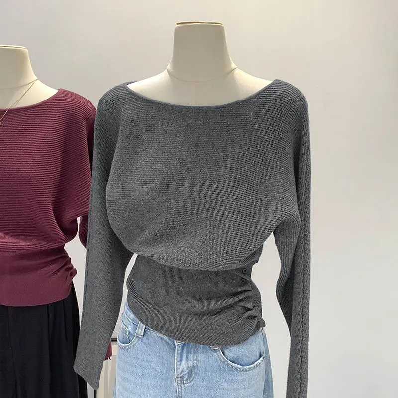 

Solid Color Fashionable One-shoulder Off-shoulder Korean Sweater for Women in Autumn and Winter Slim Sweater Underwear Top