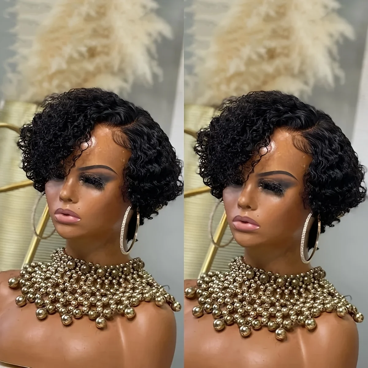 짧은 곱슬 픽시컷 가발 인모 13X4X1 클로저 글루리스 가발 인모 프리 플러킹 프리 컷