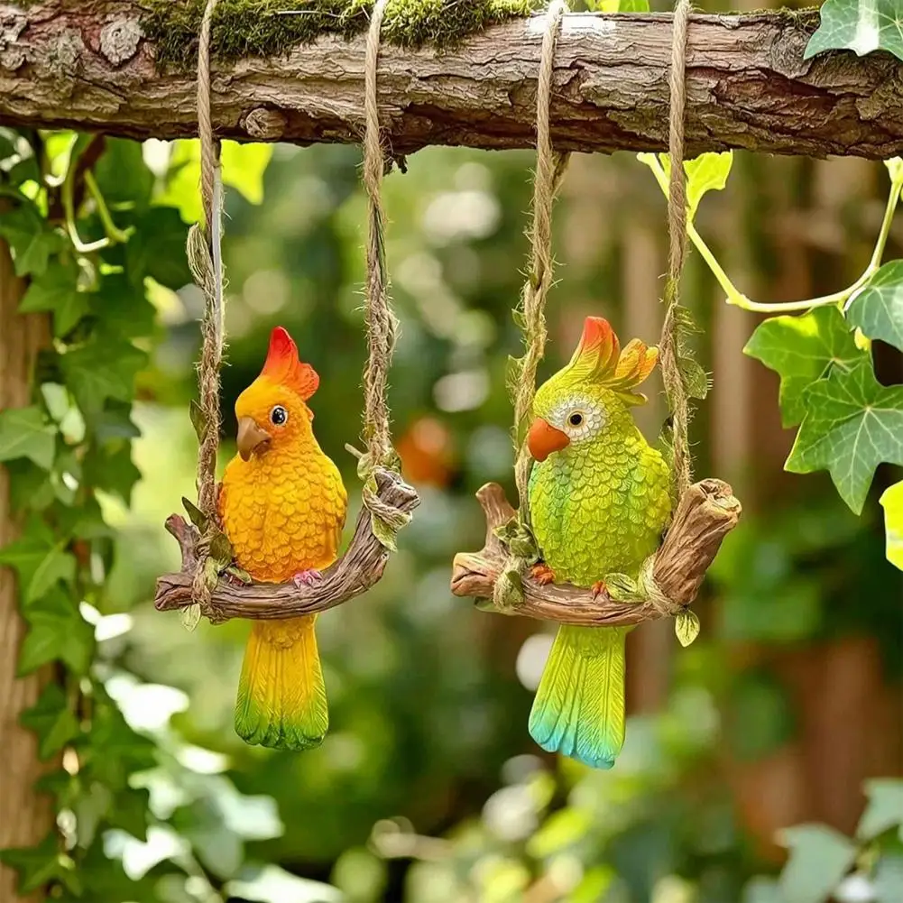 Parrot Swing Statue Parrot Ornament Resin Parrot Swing Figurine Outdoor Tropical Bird Sculpture Hanging Statue for Patio Garden