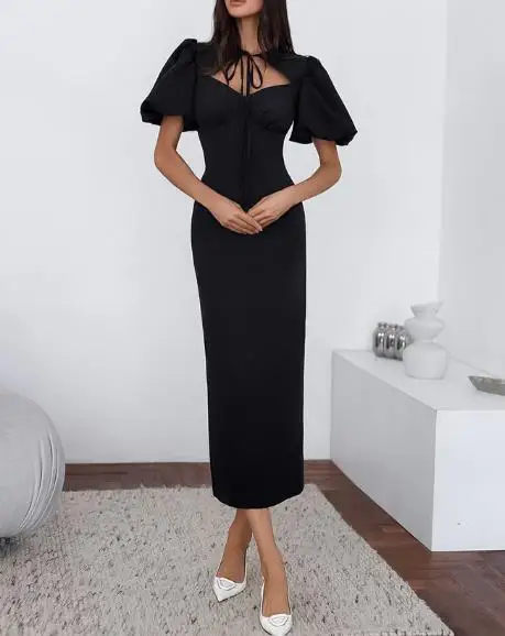 

Women's Dress Summer New French Elegant Fashionable Personalized Hollow V-Neck Bubble Sleeve High Waist Hip Hugging Party Dress