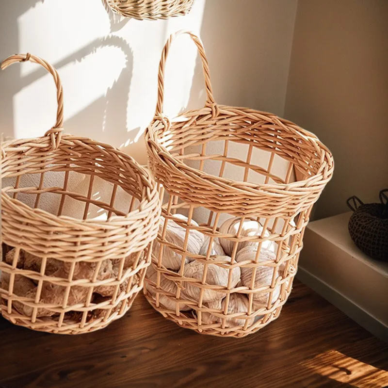 

Vine Woven Kitchen Storage Basket Nordic Ins Wall Mounted Ginger Garlic Fruits Miscellaneous Items Hand Woven Small Organization