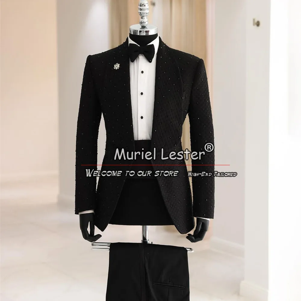 

Luxury Man Groom Tuxedos Handmade Beaded Men's Suits For Wedding Black Square-Patterned Jacquard Prom Blazer Anzug Herren