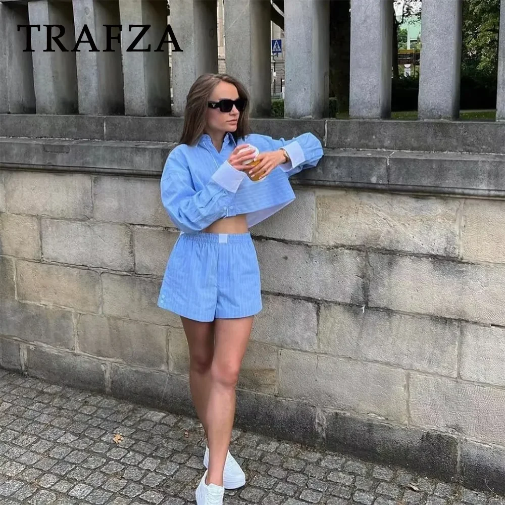 TRAFZA 2024 wiosenno-letni kombinezon w stylu Casual, w paski modna, patchworka z kołnierzem w stylu plastycznym krótka koszula + elastyczna krótkie