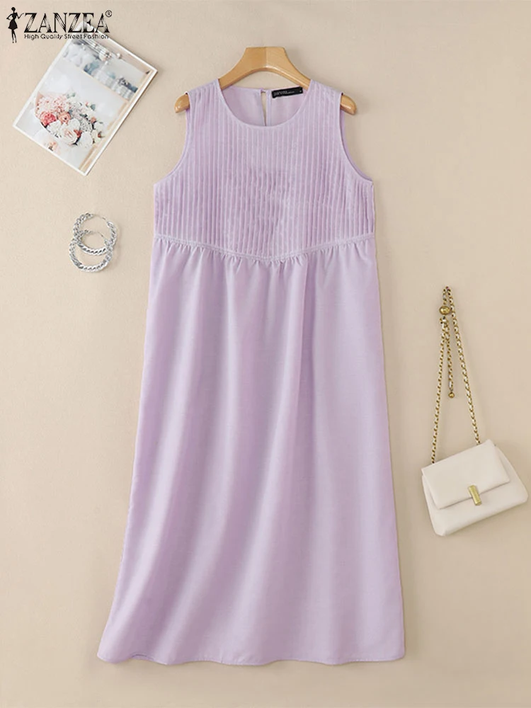 ZANZEA แฟชั่นฤดูร้อน Holiday Beach Dress ผู้หญิง Sundress 2025 สบายๆ O คอ Baggy Vestido Elegant Solid ชุดจีบ
