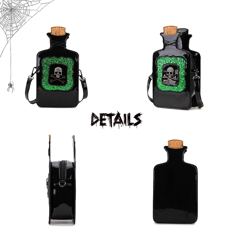 Gothic Kitsch Poison Bottle Shaped Handbag and Purse for Women Dark Lolita Skull Decoration Punk Goth Style Girls Shoulder Bags