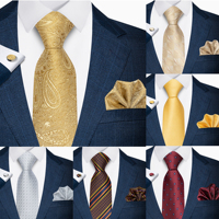 Luxury Brand 8 cm Tie Pocket Squares Cufflinks Set For Men Golden Paisley Birthday Present Necktie Suit Accessories Fit Party