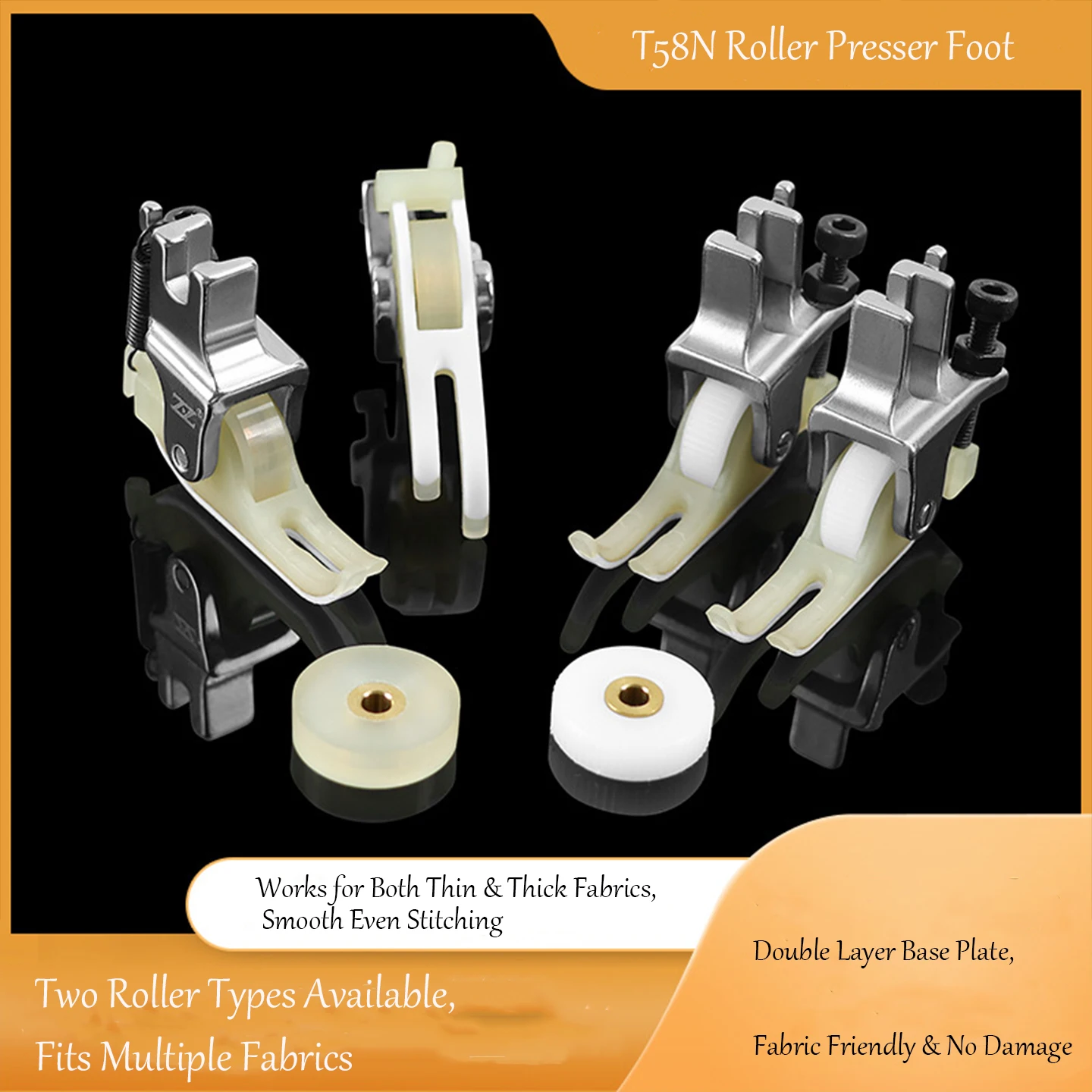 T58N Roller Presser Foot For Industrial Flat Sewing Machine, 2 Styles Rubber & Gear Wheel, Double Teflon Thick Base Plate For T