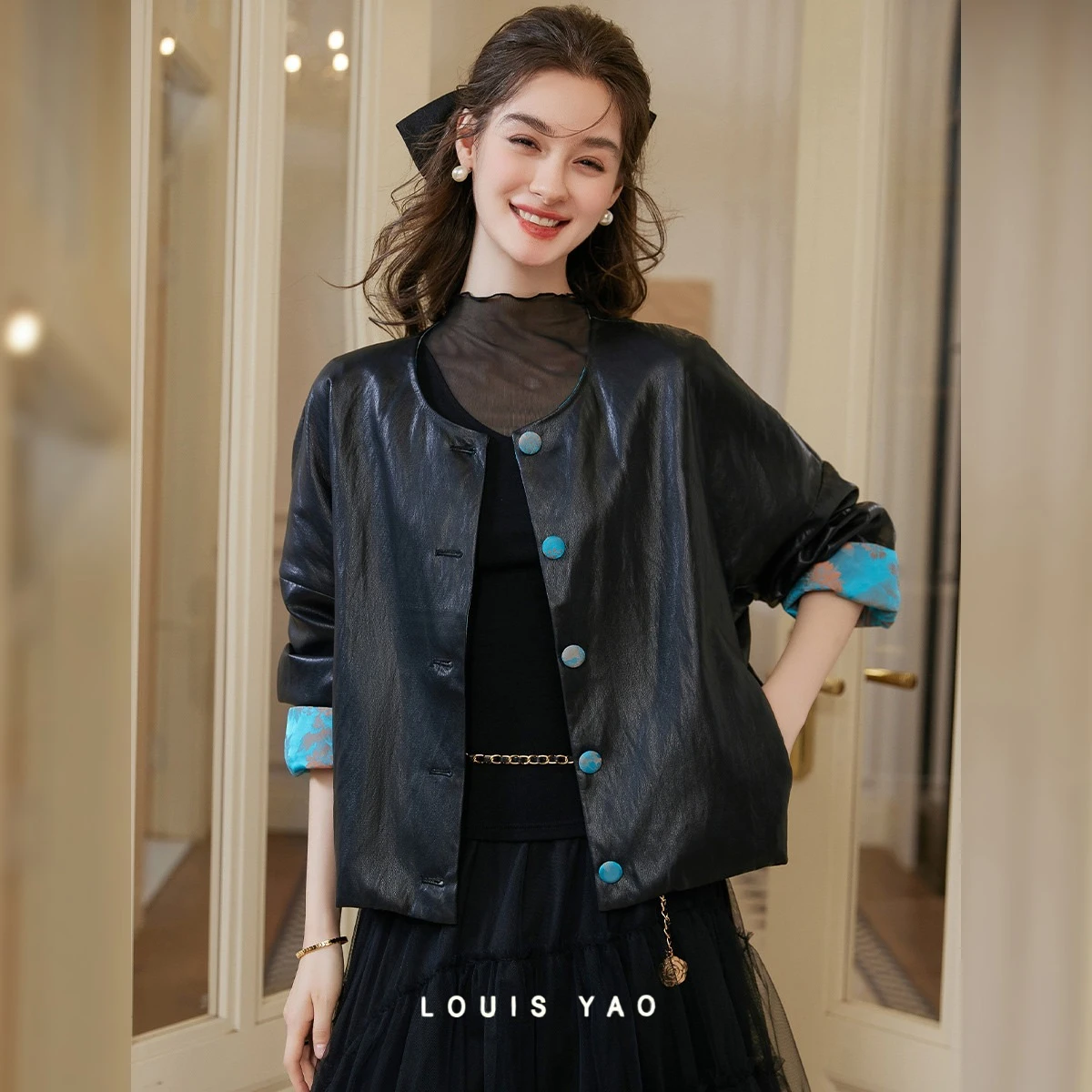 

Куртка LOUIS YAO в китайском стиле с цветовыми блоками из искусственной кожи, весна 2026, повседневная, с пуговицами на манжетах, круглым вырезом, однобортный кардиган