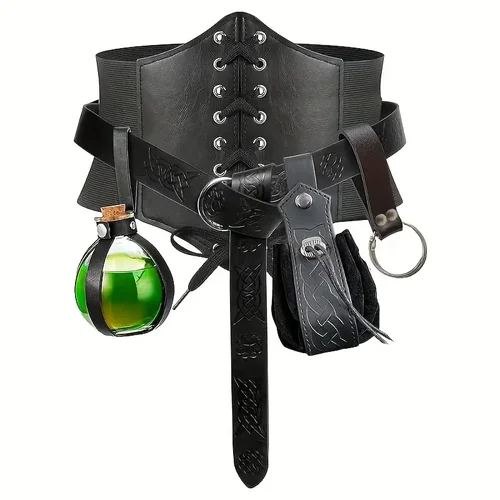 Imagen 2 del producto Conjunto de disfraz renacentista de 6 uds., bolsa con cinturón, riñonera, botella de poción de corcho, accesorios para fiesta de disfraces de Halloween LARP