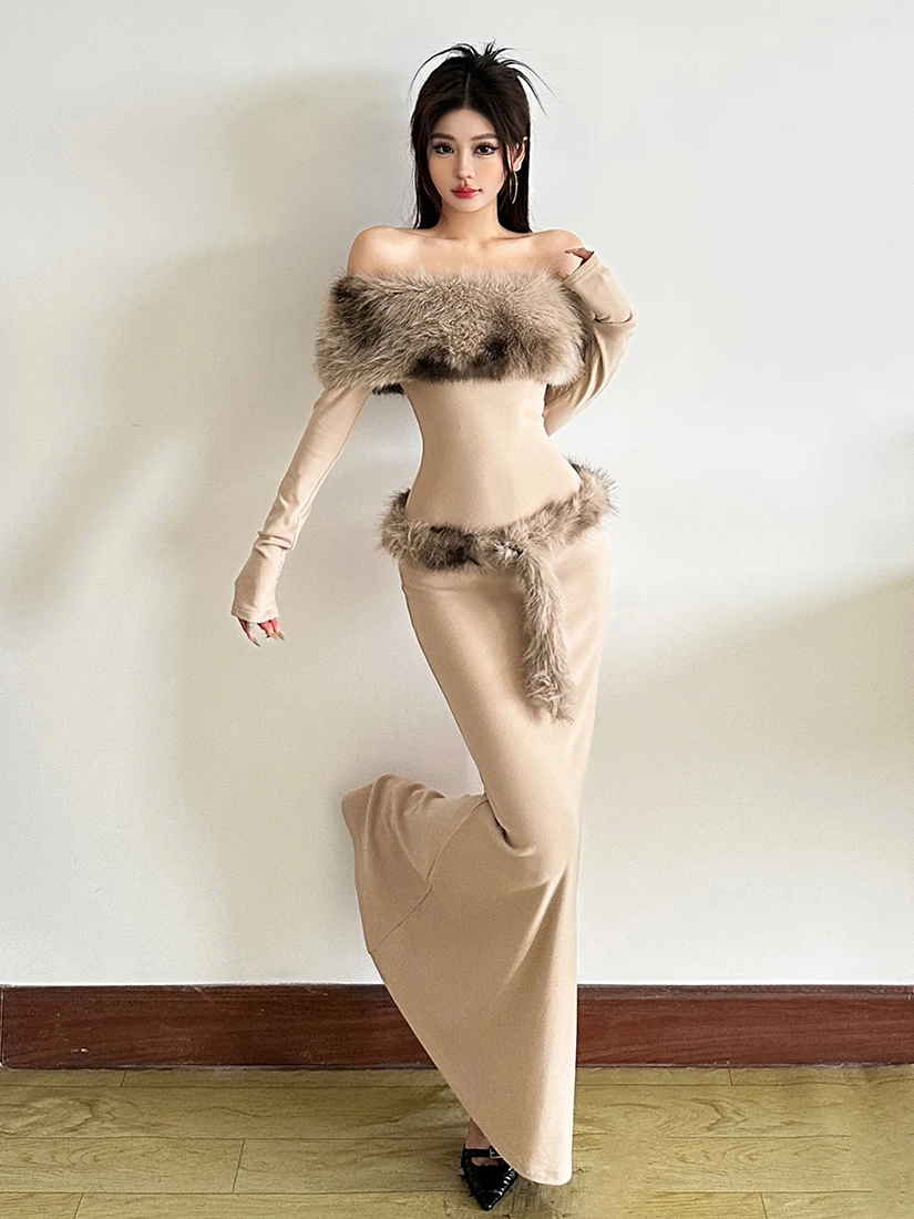 Ele Long Sve One oulder Dr Women's Patchwork Fur Blend Dr Sli Ladylike Sle Casual Wear Polyester Fabric