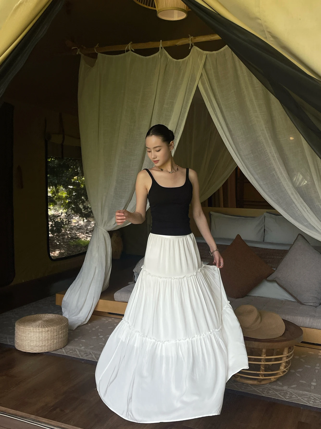 

PURITY YR Elastic Waist A-Line Skirt Women's Simple Design Cake Shape Hip Concealing Cotton Blend Casual Skirt