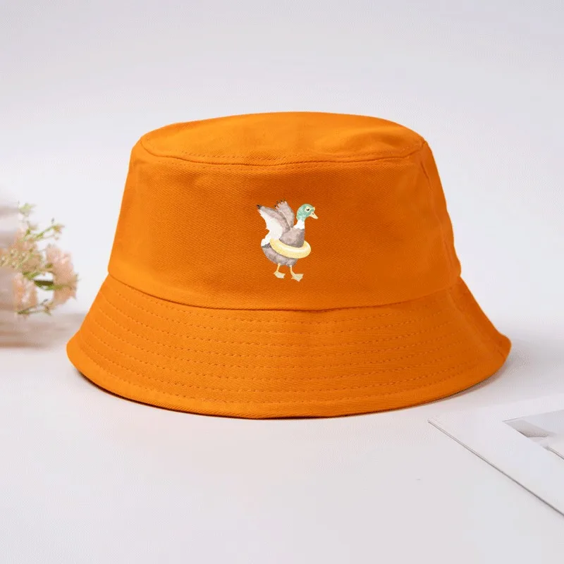 Doodle Duck Print Bucket Hat Cotton Summer Fisherman Cap Hand Drawn Cartoon Pattern Sun Hat Outdoor Beach Cap for Men Women