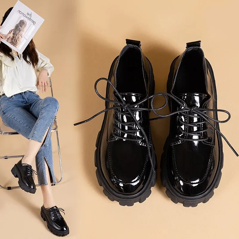 Leather Platform Oxford Shoes Woman Spring Autumn Lace Up Black Flats for Women Classic Thick Bottom Student Shoes