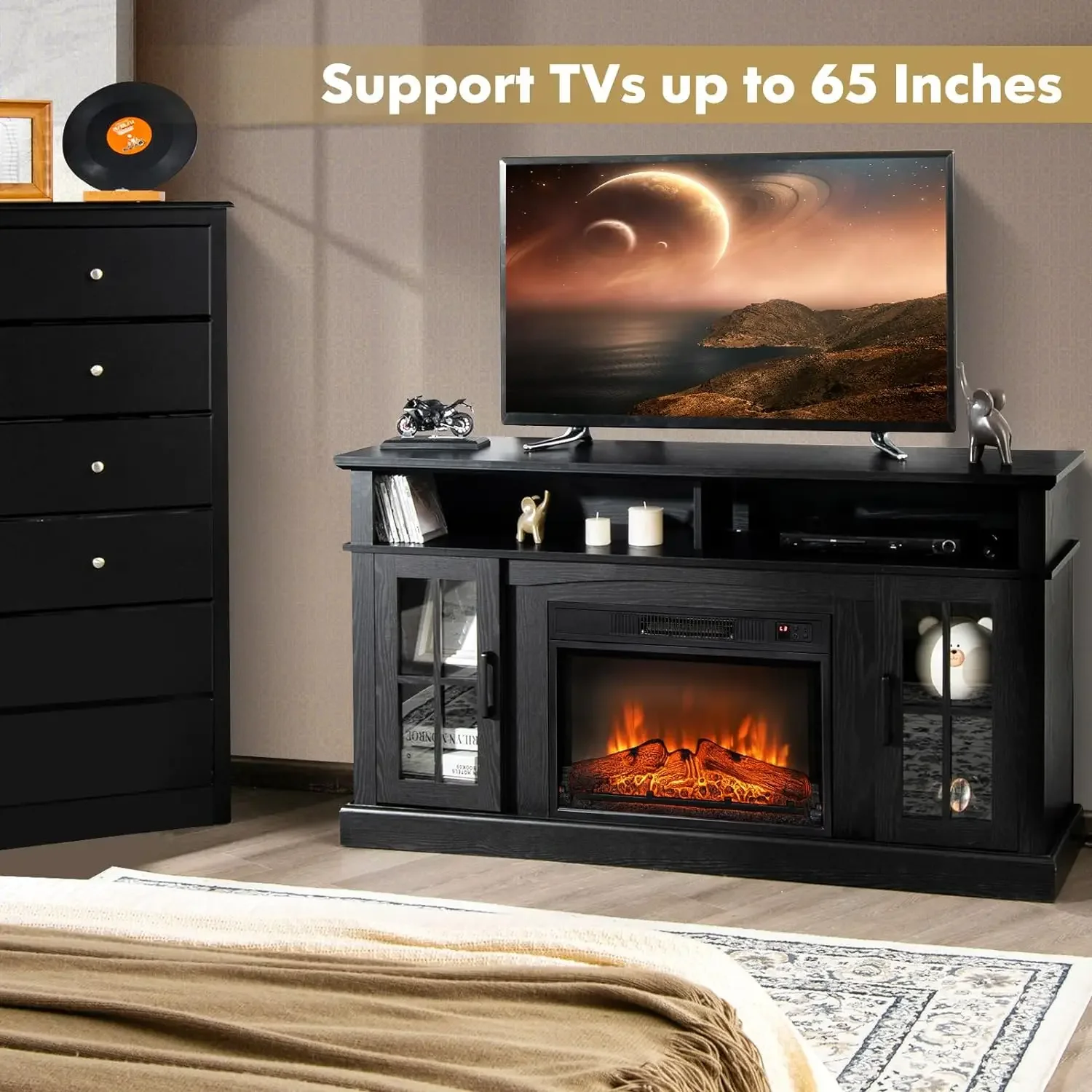 Lareira elétrica TV Stand para TVs, Aquecedor Inserção com Controle Remoto, Temporizador 6H, 3-Level Flame, Até 65 ", 1400W