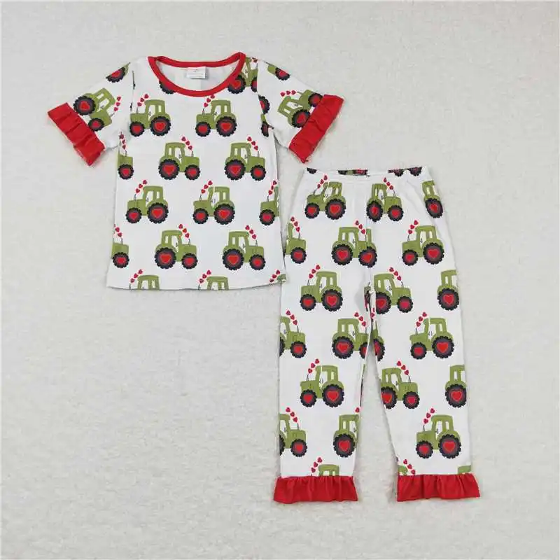 Kids Valentine\'s Day Clothes Short Sleeve Top With Bell Bottom Pants Set Heart Print Baby Girls Boutique Outfits