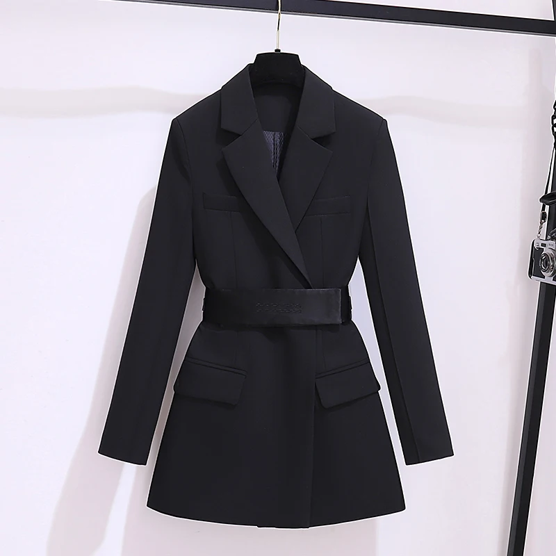 2024 Spring Autumn Women Blazers Elegant Temperament Suit Dress Wrapped Waist Dress Black Loose Jacket OL Fashion Women Clothing