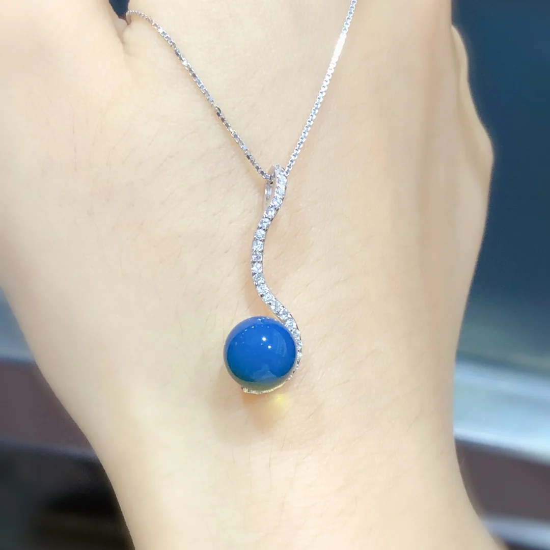 Mexican Blue Amber Pendant Sterling Silver Necklace 8mm 9mm Bead 2 in 1 Collar Minimalist Jewelry Regalo para Mujer Blue Amber