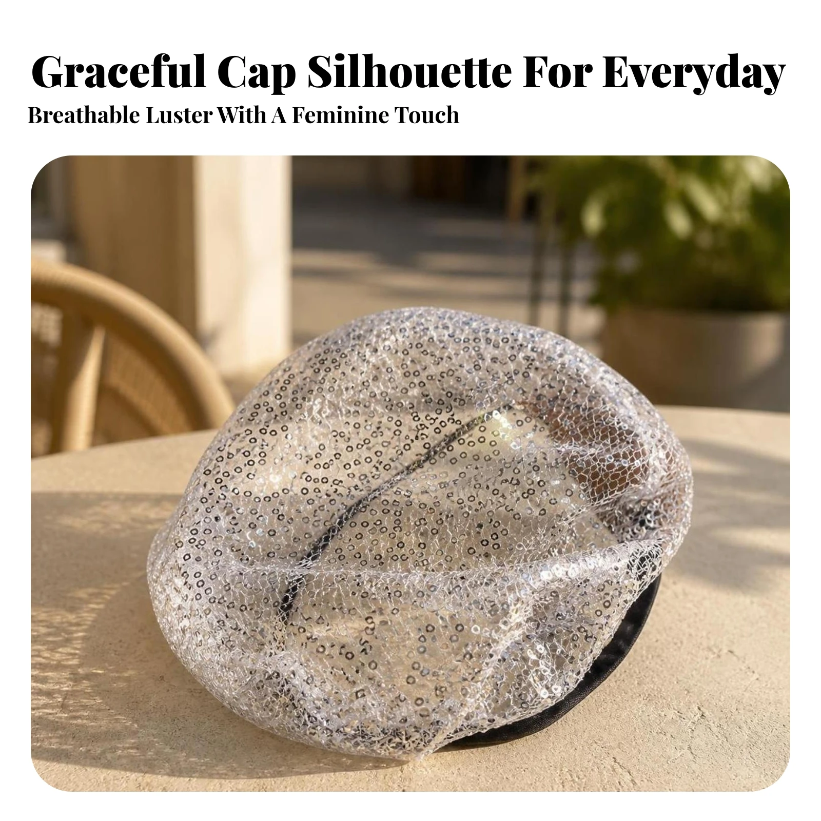 Sequin Beret Hat Translucent Sequin Beret Headwear Adjustable Shimmering for Women, Summer, Travel
