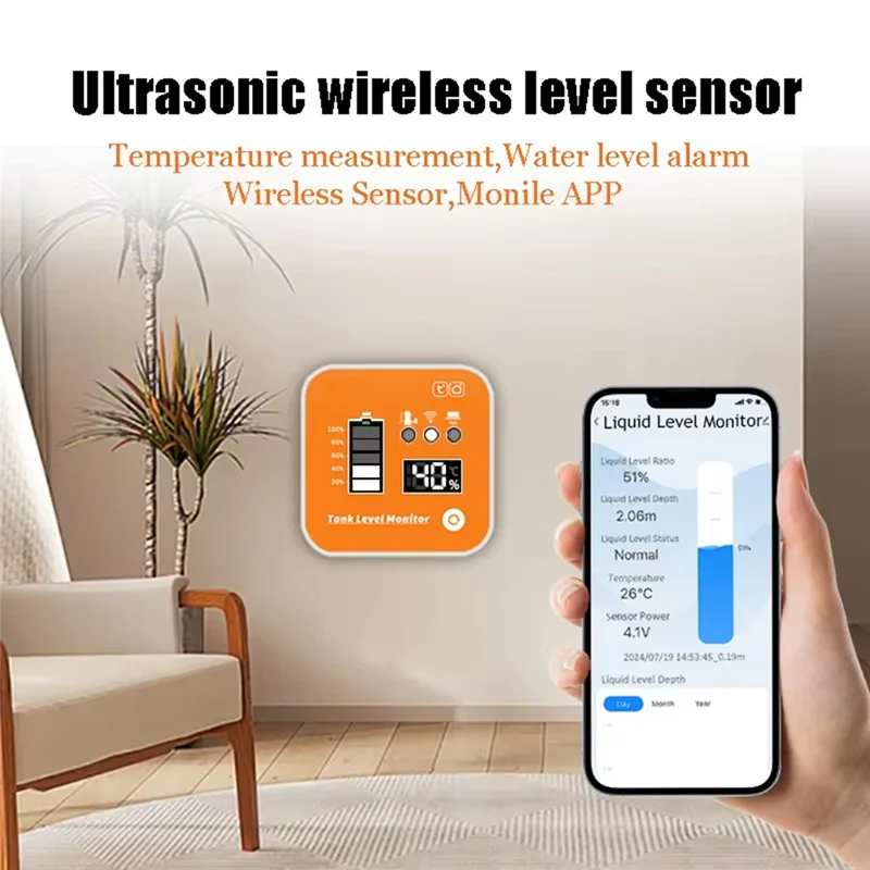 A37T-Intelligent Remote Detection ME201R Ultrasonic Water Tank Level Monitoring Sensor Full Water System Monitor Via Smartphone