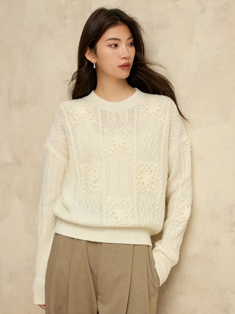 SuyaDream, Women  Pullovers, 100%Sheep Wool, O Neck, Handmade hook flower Sweaters, 2024 Fall Winter Warm Top, White, Grey