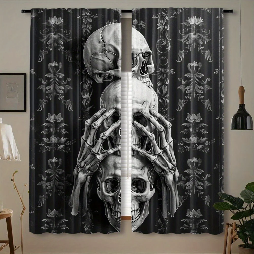 Dramatic Black Gothic Skull Curtain Window Treatment Macabre Skeleton Print Horror Halloween Scary Room Decor Curtain Panel